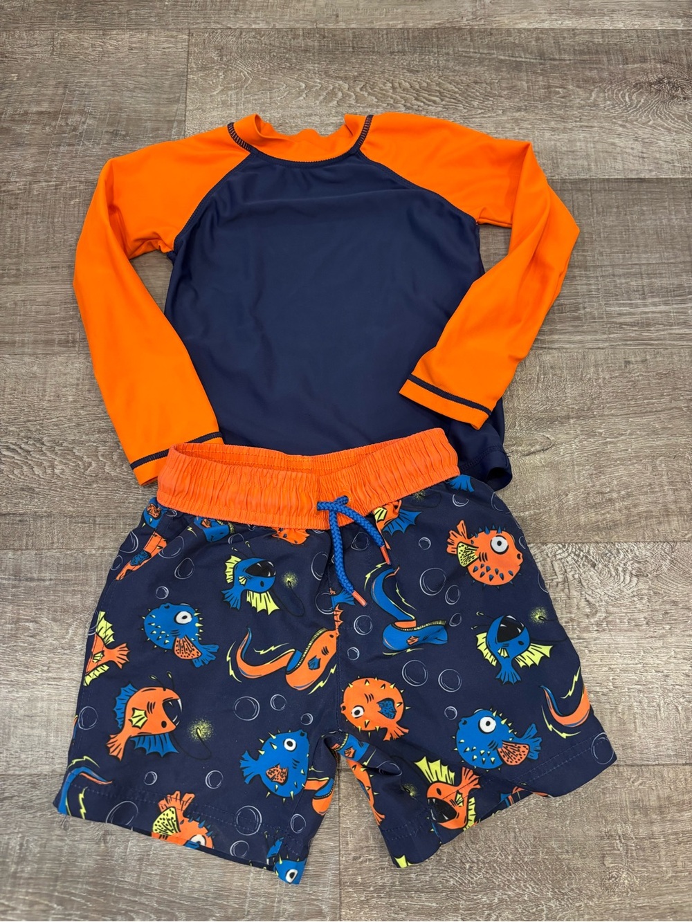 Kids Rash Guard Set - Navy & Orange Swim Top with Printed Swim Trunks